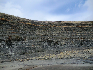 Rhythmic sequences in the Kimmeridge Clay of soft mudstones, calcareous mudstones, kerogen-rich mudstones and bands of cementstone (dolomitic limestones)